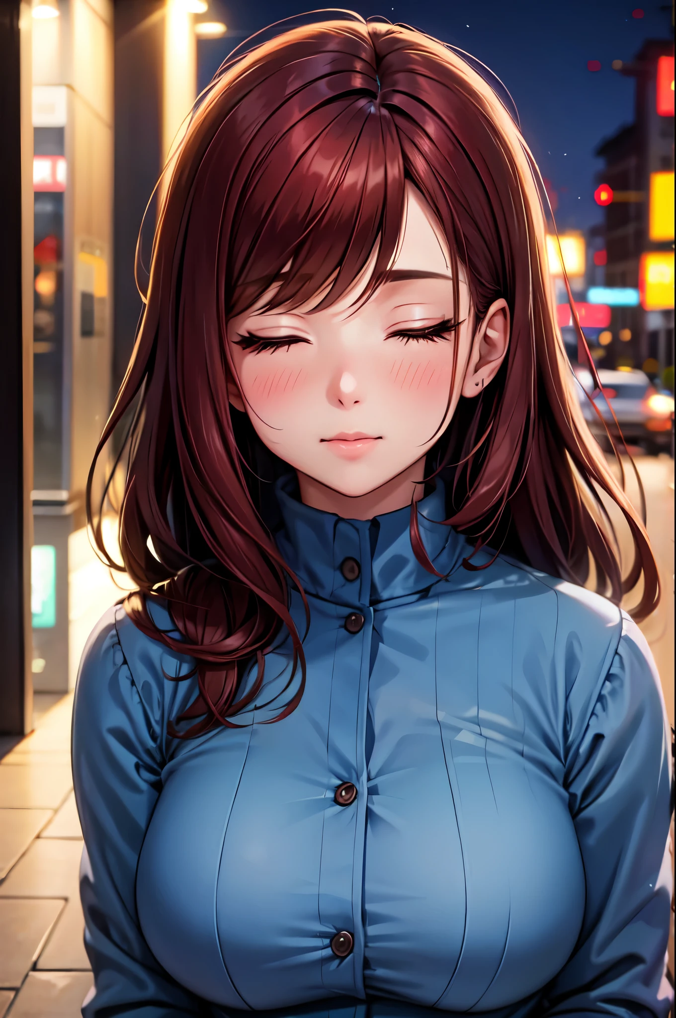 (High quality, High resolution, Fine details), (City at night), (kissing faces), Spring Outfit, (solo), curvy adult women, dark red hair, (Close eyes), (blush), Sweat, Oily skin, (Focus on mouth:1.2), (Bokeh), Fantastic, Soft tones, shallow depth of field