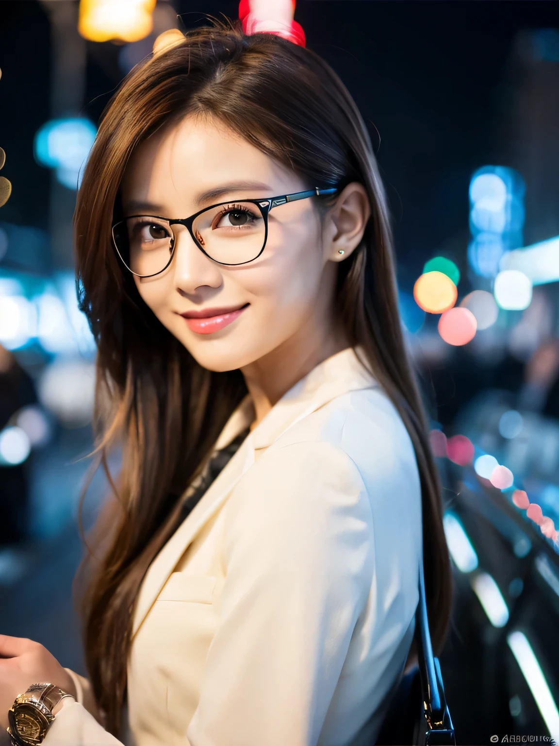table top、highest quality、genuine、Super detailed、finely、High resolution、8k wallpaper、one beautiful woman、、、light brown disheveled hair、wearing a business suit、sharp focus、perfect dynamic composition、beautiful and detailed eyes、thin hair、Detailed genuine skin texture、smile、close-up portrait、model body shape、In Kyoto at night、wearing glasses with no edge