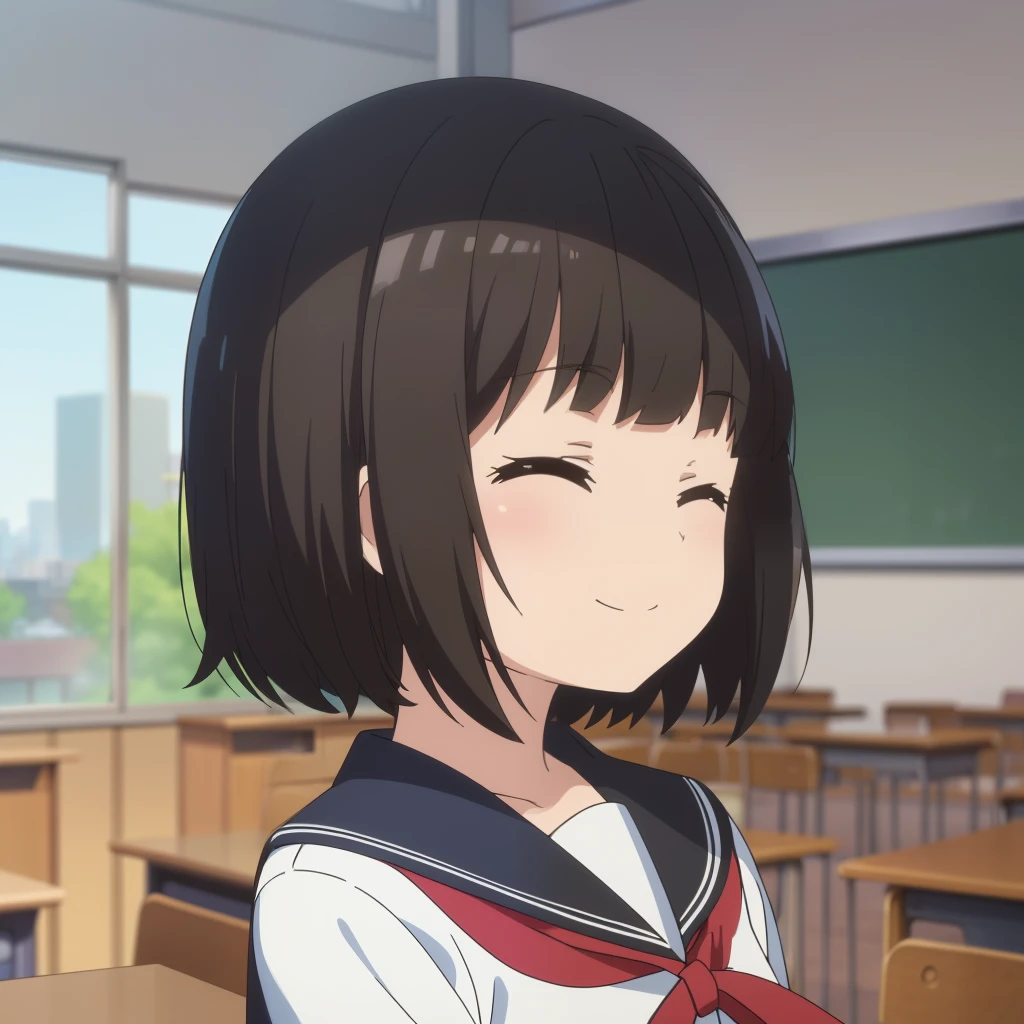 high quality, masterpiece. girl. . short hair. dark hair. closed eyes. smile. against the backdrop of a school classroom. shadow near the nose. window to tree and city.