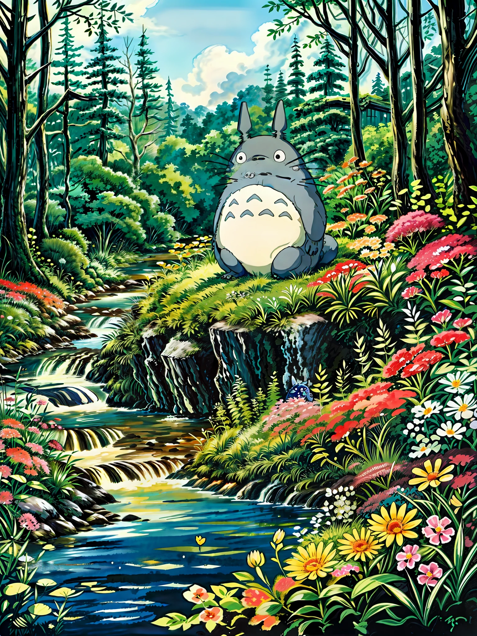 a painting of a totoro sitting near the river, flowers, multicolored flowers, my neighbor totoro, totoro from my neighbor totoro, hayao miyazaki\'s movies, onstudio ghibli, ghibli studio style, of totoro, style of studio ghibli, moody :: studio ghibli, totoro sitting in a forest, studio ghibli filter, totoro, cinematic studio ghibli still