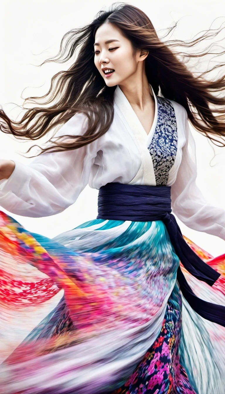 in style of Street photography, beautiful detailed，Motion blur, black and white close up, white background, a woman in an intricate and colorful hanbok dress, spinning frantically, translucent stinging air particles on the hem of the dress, professional fashion photography, super macro, unusually rich and super detailed texture of long wavy hair, poster style, minimalist , tilt shift of hands and face, Nikon, Hasselblad, Canon, Fuji, 16K
