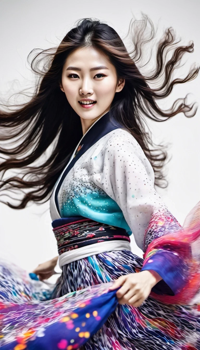 in style of Street photography, beautiful detailed,Motion blur, black and white close up, white background, a woman in an intricate and colorful hanbok dress, spinning frantically, translucent stinging air particles on the hem of the dress, professional fashion photography, super macro, unusually rich and super detailed texture of long wavy hair, poster style, minimalist , tilt shift of hands and face, Nikon, Hasselblad, Canon, Fuji, 16K