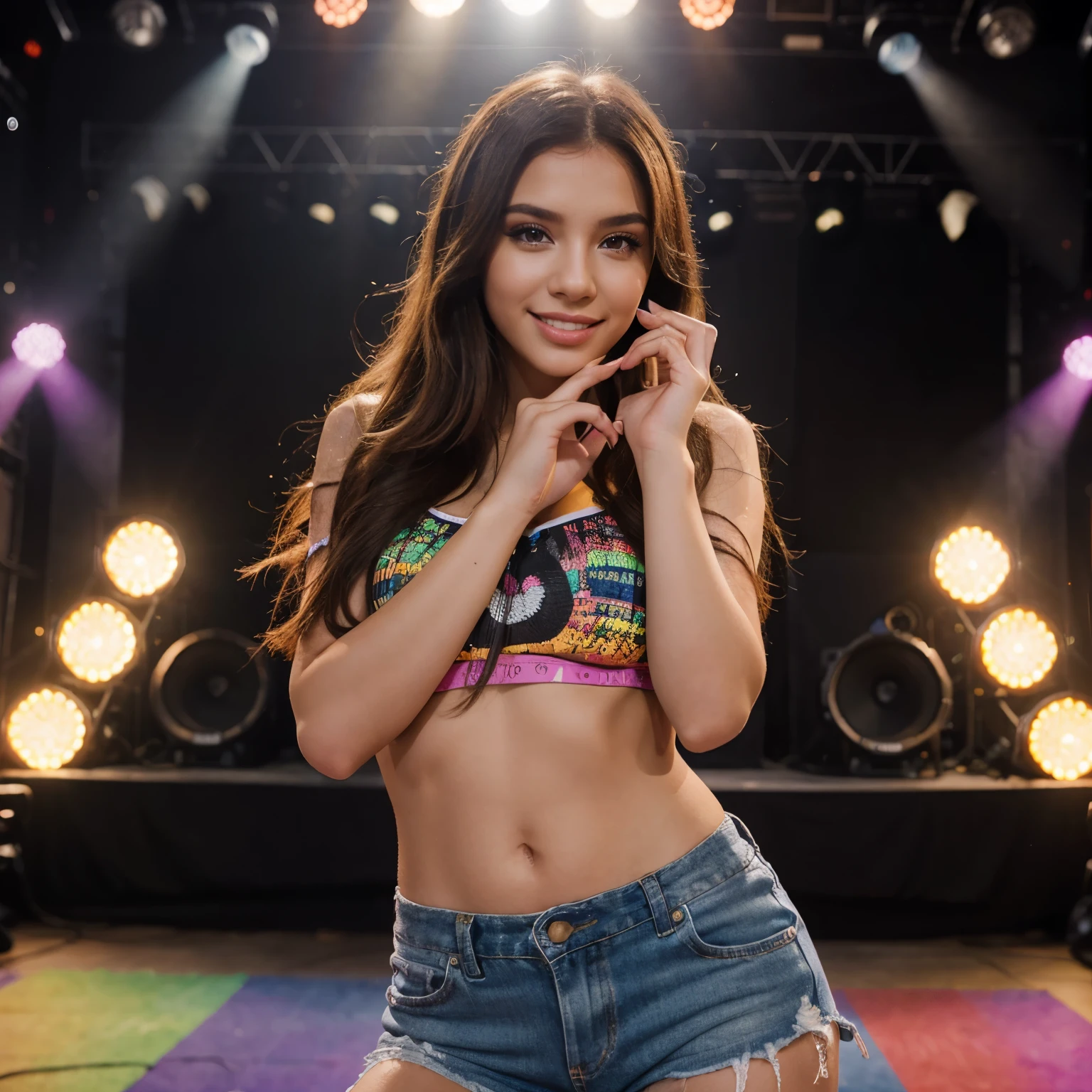 (high quality,portrait,photography),"music concert event portrait",young woman singer,microphone,stage lights,fashionable outfit,colorful background,vibrant colors,professional photographer,creative composition,natural pose,beautiful smile,detailed facial features,[digital artwork],creative lighting techniques,blurred bokeh effect,studio setting,high-resolution image,perfectly-focused shot,](bright and energetic)