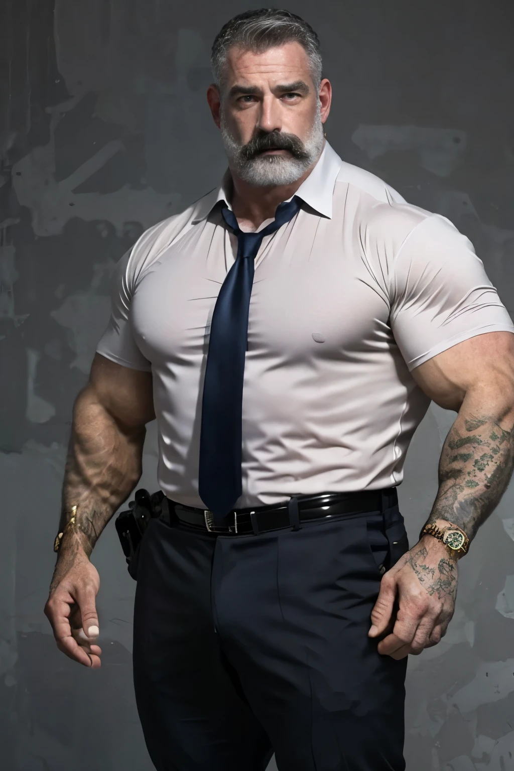 age 60, white man police detective with a mature, kind demeanor, strong and muscular yet chubby build, mustache, wearing dress pants and a buttoned-open translucent shirt that reveals a hairy chest and a noticeable bulge, giving off a hint of a horny yet disgusting aura, completing the look with comfortable loafers.