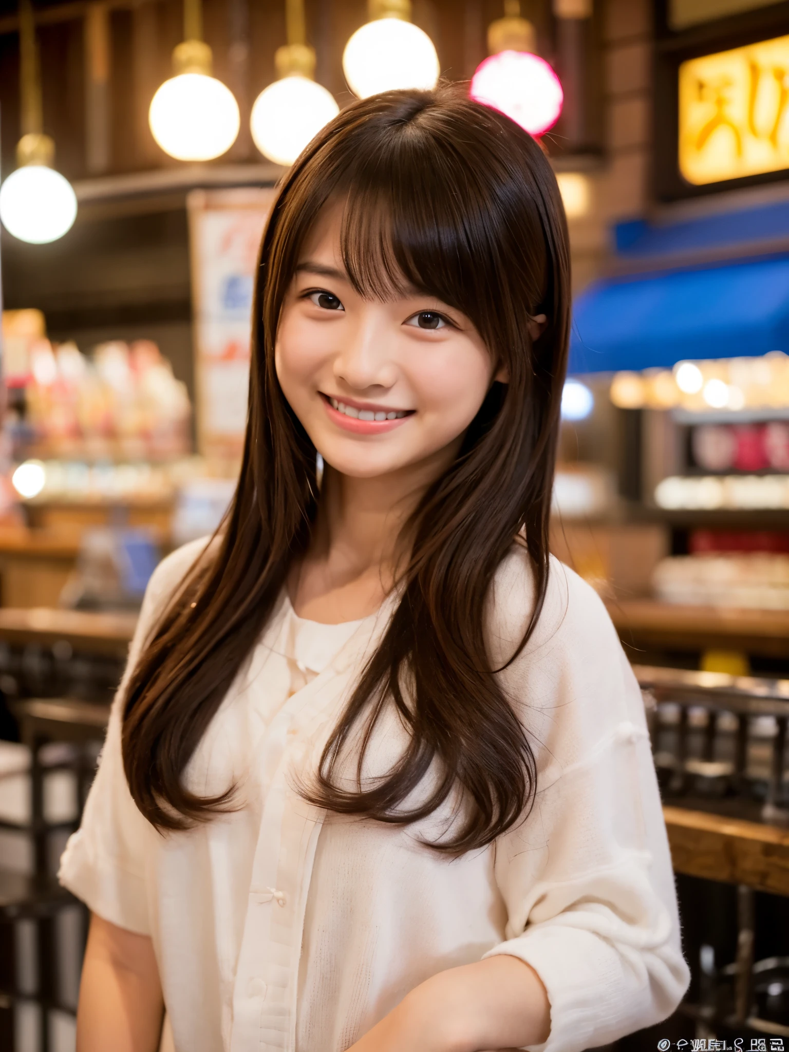 A very cute face like a 15-year-old idol　Smiling Kindly　naked　Whole body　Medium size bust　Toasting in a crowded izakaya　RAW Photos　Genuine　Real