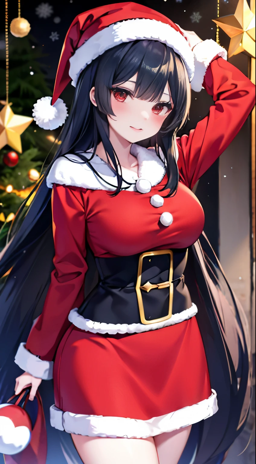 Black hair，Red eyes，Long hair，Christmas hat，Christmas costumes，Large Breasts，blush，Nazi（Pokémon）Smile，