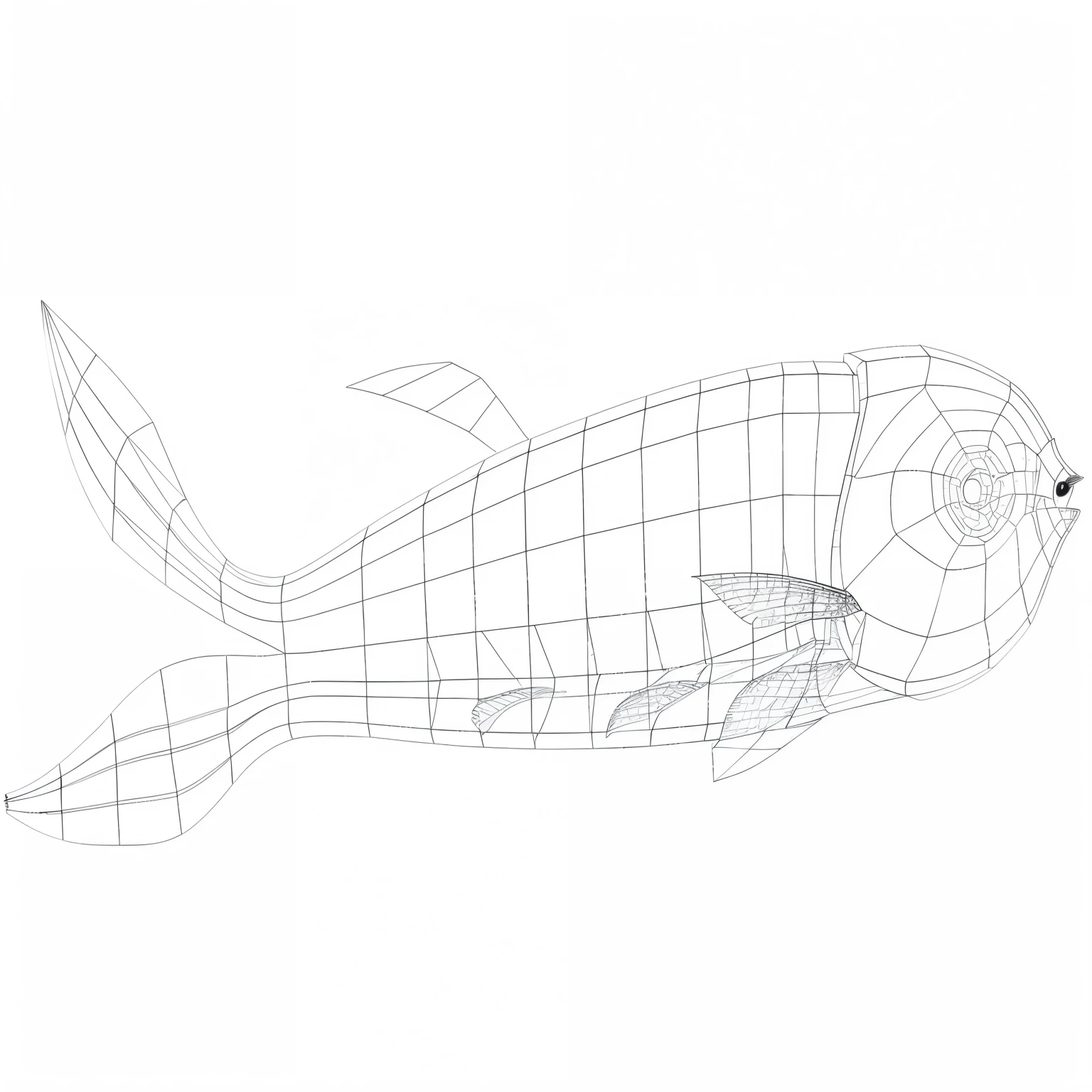 Close up of long tail fish illustration, 3d Wireframe, Wireframe models, low poly silhouette, half textured half Wireframe, ambient occlusion:3, Wireframe, ambient occlusion, outline drawing, Designer pencil 3D sketch, Monochrome 3D model, ambient occlusion render, body ribs meshes, outline sketch