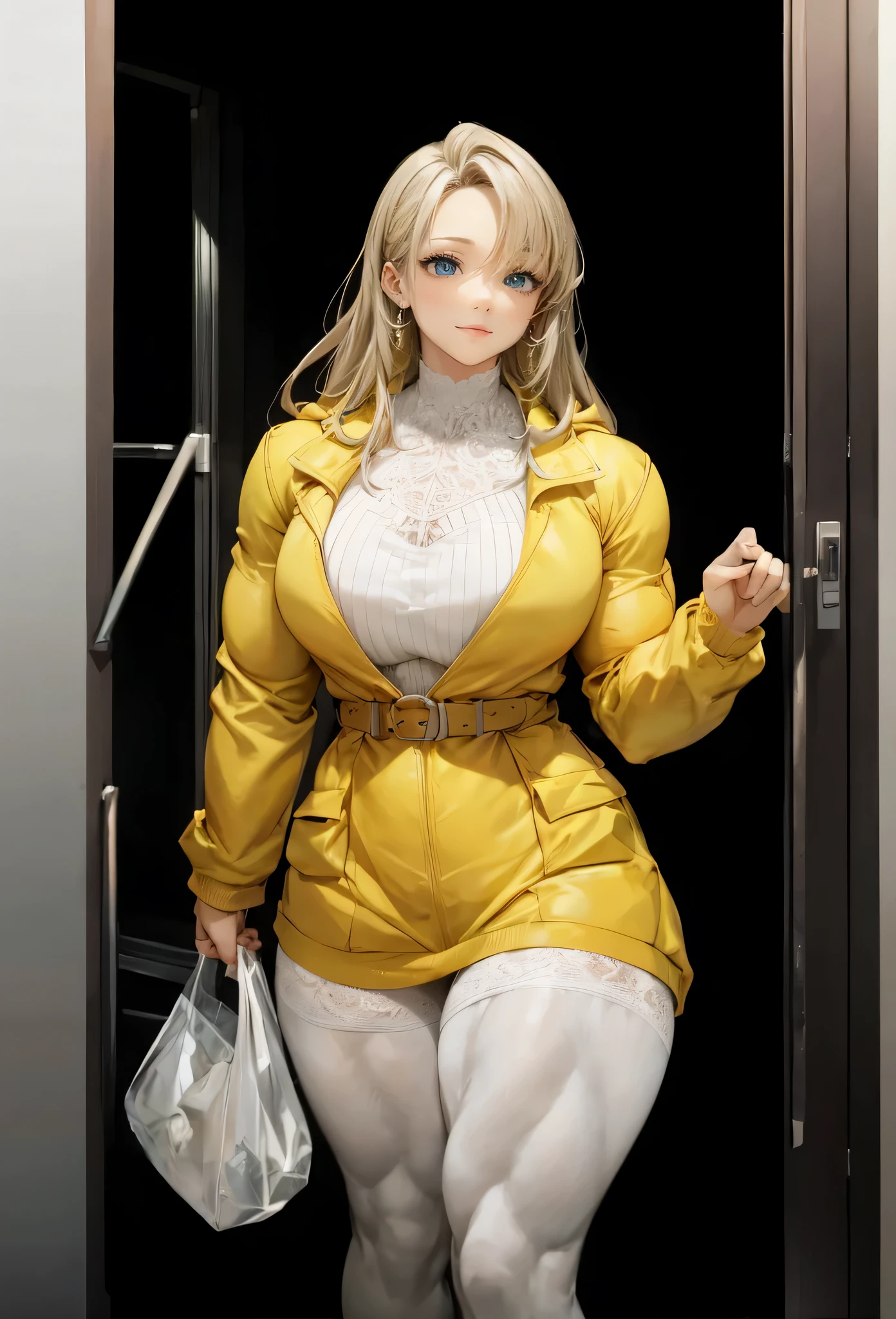girl,beautiful face, muscular female, alternate muscle size,,muscular ,biceps,,yellow jacket,lace trim white pantyhose,muscular thighs,carrying bags,open door,