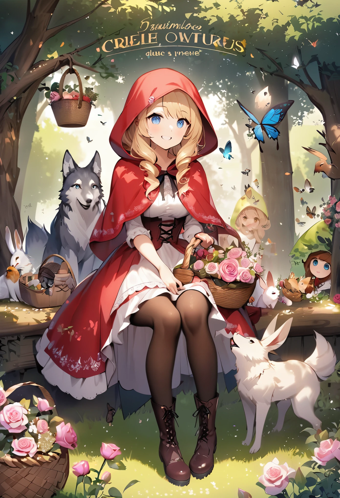 little red riding hood \(grimm\), flower, blonde hair, boots, blue eyes, butterfly, rose, rabbit, bug, pantyhose, pink rose, bird, long hair, sitting, french text, hood, english text, basket, wolf, multiple girls, tree, 1girl, smile, dress, food, pink flower, colors