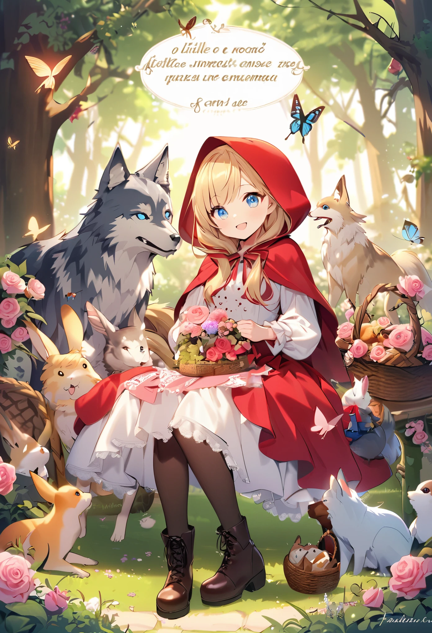 little red riding hood \(grimm\), flower, blonde hair, boots, blue eyes, butterfly, rose, rabbit, bug, pantyhose, pink rose, bird, long hair, sitting, french text, hood, english text, basket, wolf, multiple girls, tree, 1girl, smile, dress, food, pink flower, colors