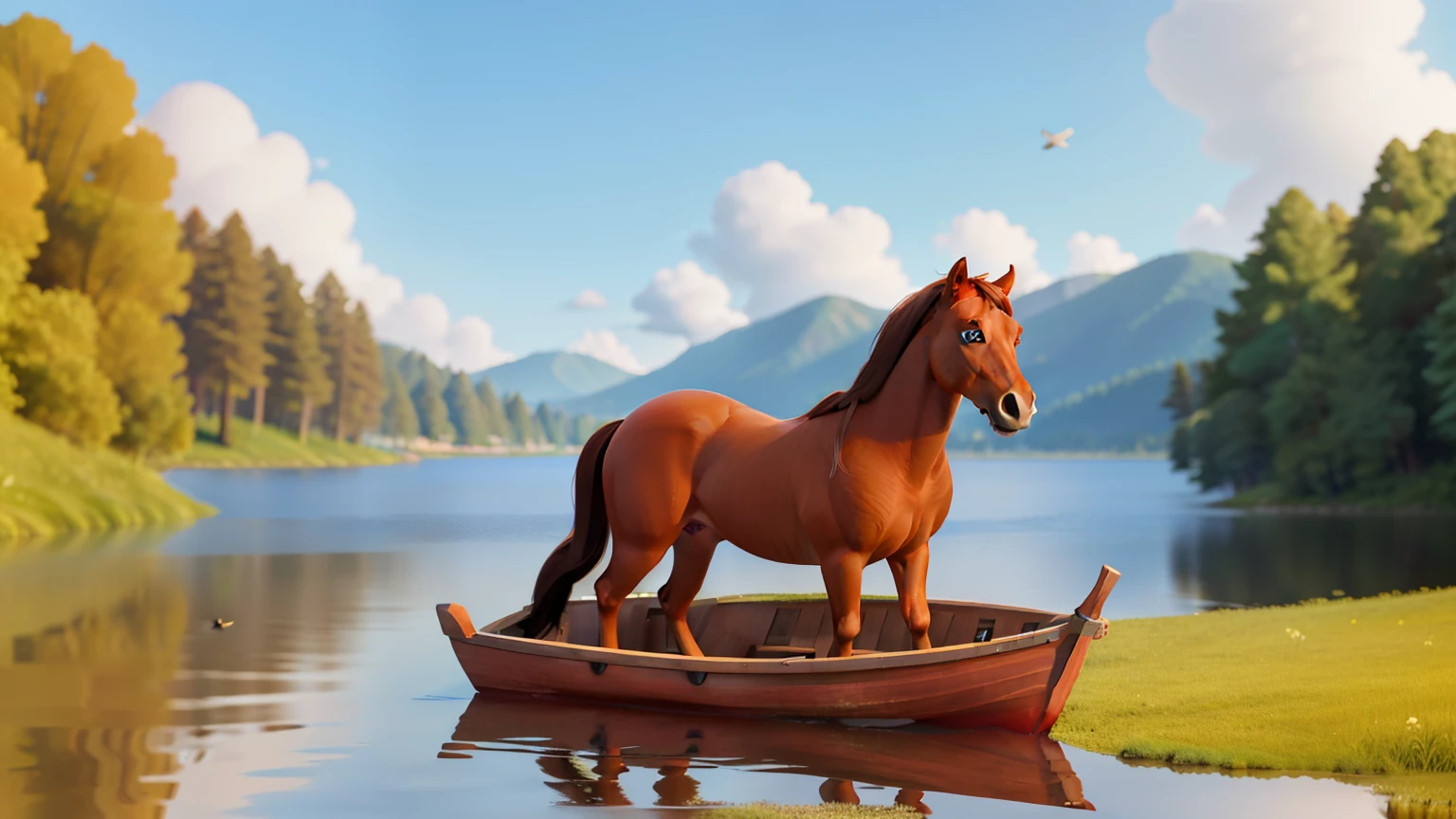 Generate a picture, (a brown horse standing on a boat in the lake: 1.3), overall warm tone, distant view composition, rippling lake surface, lakeside grassland, dense forest background, distant flying birds, 3D cartoon style, Pixar style, animated movie lighting, HD, best quality, high quality hair texture, animation style, (Easy: 1.1)