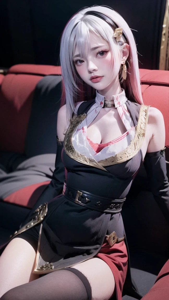 1 girl (wear witch hat), beautiful eyes finely detailed, (two tone hair color (red and white), long hair, tipsy smile, drunken, blush on her face, wearing armor, finely detailed black and white armor, cinematic lighting, intricate filigree metal design, laying her back on sofa, middle ages style bedroom, full body, anime best girl, masterpiece sidelighting, night time, ​masterpiece, top-quality, detailed, High resolution illustration