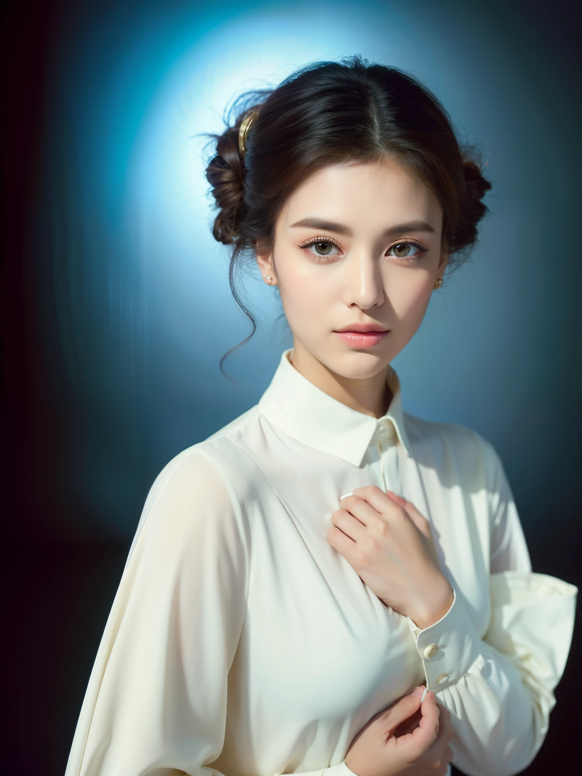 There is only one woman in the picture, White background,White trench coat,Clean background,Place your hands on your chest, bvlgari jewelry, Cartier,photography,Best quality,high quality,realism,model,White trench coat,Europeans and Americans,(8k, HDR, high resolution), ((((photography, original photo, Surrealism, masterpiece, best quality, ultra high resolution)))), Sharp focus:1. 4, (Ultra Detail, Meticulous attention to detail), face close up, close up,, 1 Girl, egg shaped face,cat eye, small, plump lips, Cute straight nose, Cheekbones slightly red, Thick eyebrows and long, beautiful eyelashes.
