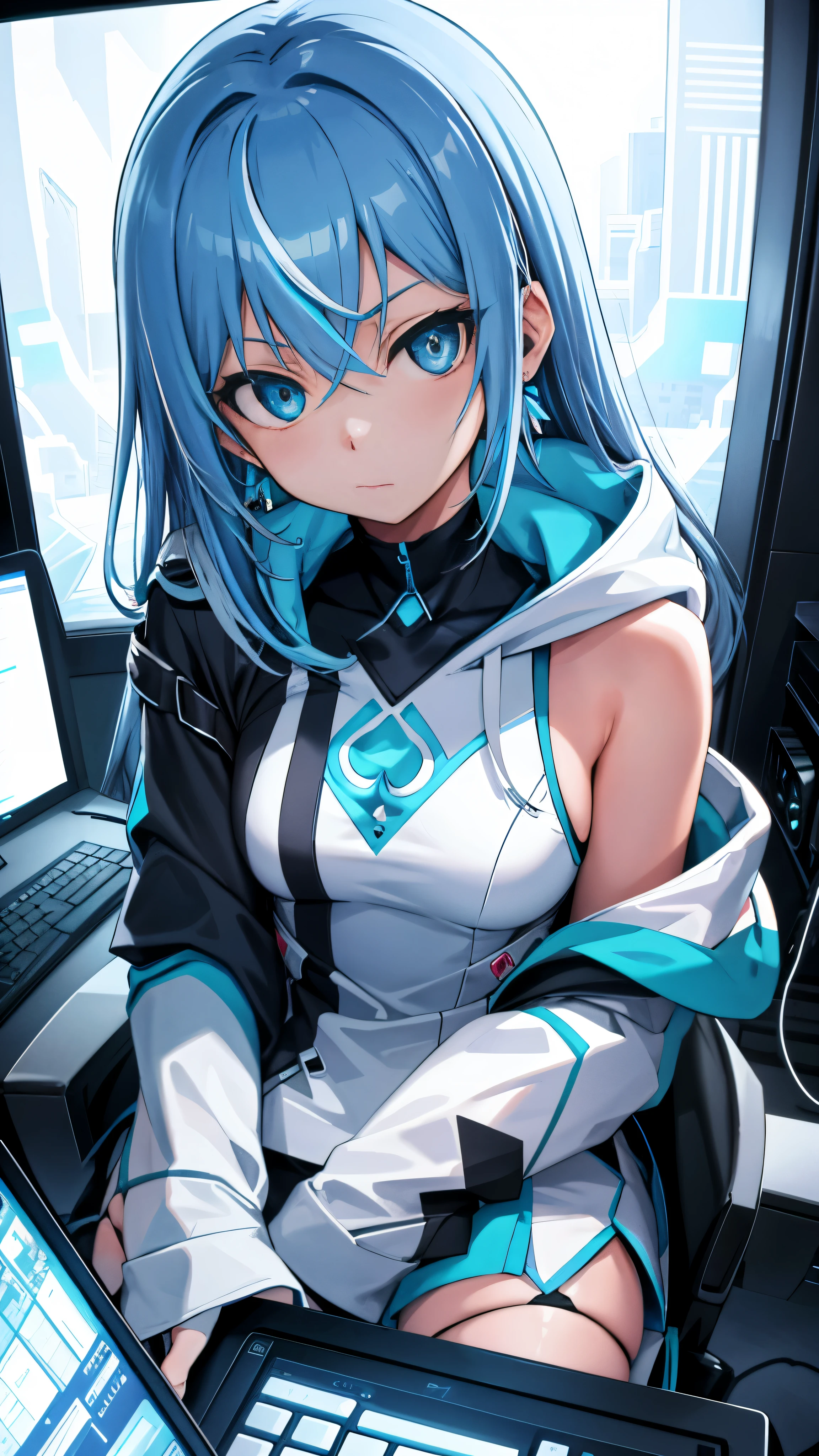 In the tranquil expanse of a white background, a solitary figure named Mika Pikazo is engrossed in her digital world. Her piercing blue eyes are fixated on the screen of her computer, surrounded by the gentle glow of a monitor. Her multicolored hair, reminiscent of a rainbow, cascades down her shoulders in waves, framing her face as she leans in closer to her keyboard. The comforting warmth of a blue hoodie draped over her slender frame adds an inviting touch to the scene. Earrings adorned with intricate designs glint in the light, adding a touch of personal flair to her appearance.
As she types