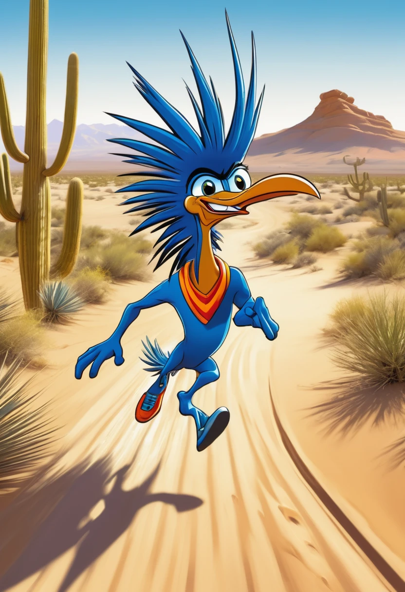 (a cartoonish,stylized,comic-book-style:1.1) road runner zips through the view, (leaving motion blur,velocity lines,trails), showcasing its incredible speed and agility. The road runner is depicted as vibrant and lively, with exaggerated features such as (big eyes:1.1) and (brightly colored feathers). The landscape is set in the magnificent (desert:warm,arid:sand dunes:cacti), with a clear blue sky overhead.
The cartoonish road runner is captured in a (dynamic,action-packed) stance, (mid-stride) with its (legs extended,feet off the ground), emphasizing its swift movement. The motion blur created by the road runner's speed adds a sense of (energy,dynamism) to the scene. The (cartoonish:1.1) style gives a playful and whimsical touch to the overall composition.
The desert environment is rendered in a stylized manner, with (sand dunes:rising and falling) and (cacti:proudly showcasing their prickly spines). The warm color tones in the sand create a sense of heat and vastness. The sky above is a clear, (vibrant blue), contrasting beautifully with the earthy tones of the desert.
To enhance the visual appeal and quality of the image, the prompt should include tags such as (best quality,highres,masterpiece:1.2), (ultra-detailed), and (realistic:1.37) to ensure that the generated image is of the highest possible quality. Additional tags like (sharp focus,vivid colors) can further enhance the image's details and color saturation, while (studio lighting) can bring depth and dimension to the scene.
In summary, the prompt for generating a high-quality image of a cartoonish road runner in a desert setting with motion blur might look like this:
(a cartoonish,stylized,comic-book-style:1.1) road runner zips through the view, (leaving motion blur,velocity lines,trails), showcasing its incredible speed and agility. The vibrant road runner has (big eyes:1.1) and (brightly colored feathers), while the desert landscape features (sand dunes:cacti) under a clear blue sky. The image sho