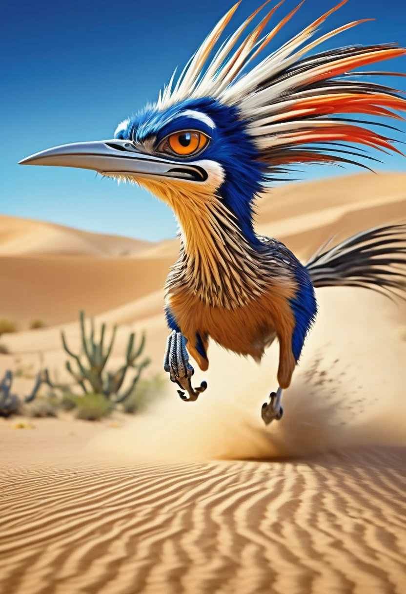(a cartoonish,stylized,comic-book-style:1.1) road runner zips through the view, (leaving motion blur,velocity lines,trails), showcasing its incredible speed and agility. The road runner is depicted as vibrant and lively, with exaggerated features such as (big eyes:1.1) and (brightly colored feathers). The landscape is set in the magnificent (desert:warm,arid:sand dunes:cacti), with a clear blue sky overhead.
The cartoonish road runner is captured in a (dynamic,action-packed) stance, (mid-stride) with its (legs extended,feet off the ground), emphasizing its swift movement. The motion blur created by the road runner's speed adds a sense of (energy,dynamism) to the scene. The (cartoonish:1.1) style gives a playful and whimsical touch to the overall composition.
The desert environment is rendered in a stylized manner, with (sand dunes:rising and falling) and (cacti:proudly showcasing their prickly spines). The warm color tones in the sand create a sense of heat and vastness. The sky above is a clear, (vibrant blue), contrasting beautifully with the earthy tones of the desert.
To enhance the visual appeal and quality of the image, the prompt should include tags such as (best quality,highres,masterpiece:1.2), (ultra-detailed), and (realistic:1.37) to ensure that the generated image is of the highest possible quality. Additional tags like (sharp focus,vivid colors) can further enhance the image's details and color saturation, while (studio lighting) can bring depth and dimension to the scene.
In summary, the prompt for generating a high-quality image of a cartoonish road runner in a desert setting with motion blur might look like this:
(a cartoonish,stylized,comic-book-style:1.1) road runner zips through the view, (leaving motion blur,velocity lines,trails), showcasing its incredible speed and agility. The vibrant road runner has (big eyes:1.1) and (brightly colored feathers), while the desert landscape features (sand dunes:cacti) under a clear blue sky. The image sho