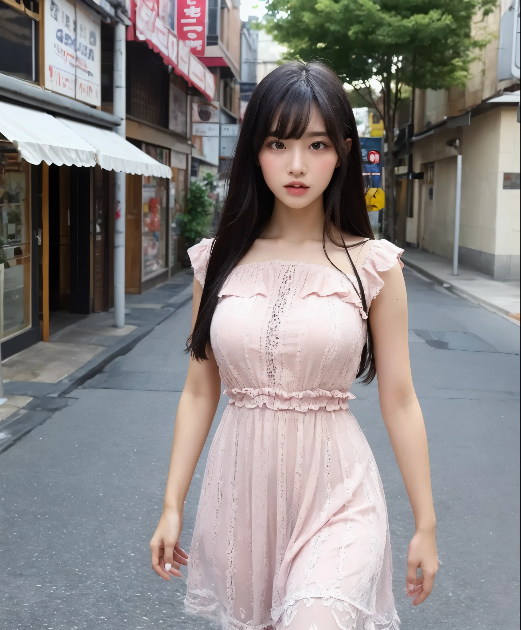 ((Best Quality, 8K, Masterpiece: 1.3)), Sharp: 1.2, 1 girl, beautiful, sharp eyes, black hair, very long hair, straight bangs, thick thighs, wide hips, big breast, great figure, Highly detailed face and skin texture, detailed eyes, double eyelids, streets, japanese town, foggy, cowboy shot, walking, pink dress, pink and white summer dress and ruffles, thoughtful,