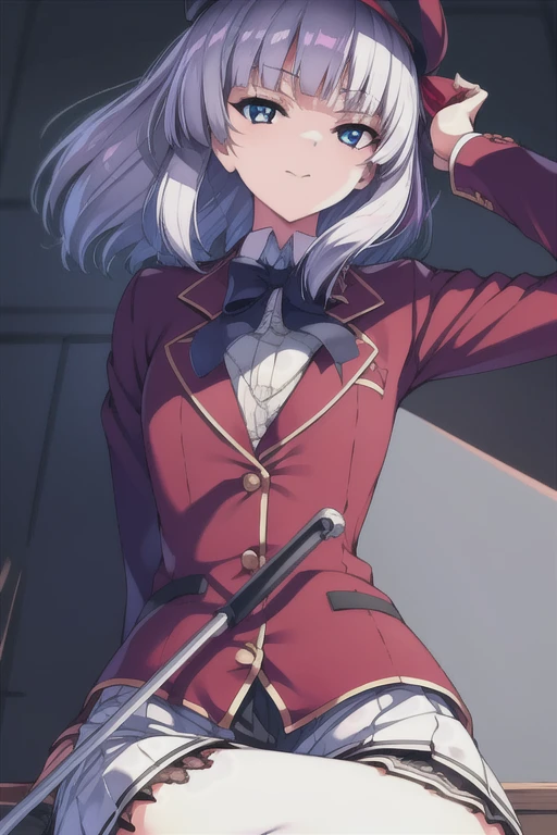 sakayanagi arisu, whole body,white hair,short girl,flat chest.Small breasts,petite.black beret,lace,blue bow, advanced nurturing high school uniform, red blazer, Buttons, jacket, Long sleeve, Pleated Skirt, White skirt, Absolute realm,Showing thighs,rest,Sitting, (red blazer:1.5),crutch,
rest looking at viewer, whole body,
rest (masterpiece:1.2), best quality, high resolution, Unity 8K wallpaper, (illustration:0.8), (Beautiful and delicate eyes:1.6), extremely detailed face, Perfect lighting, Extremely detailed CG, (Perfect hands, Perfect anatomical structure),