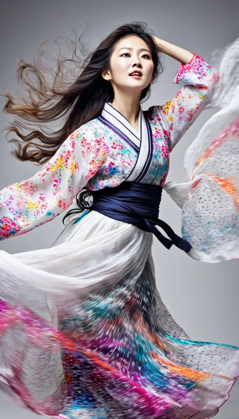 in style of Street photography, beautiful detailed，Motion blur, black and white close up, white background, a woman in an intricate and colorful hanbok dress, spinning frantically, translucent stinging air particles on the hem of the dress, professional fashion photography, super macro, unusually rich and super detailed texture of long wavy hair, poster style, minimalist , tilt shift of hands and face, Nikon, Hasselblad, Canon, Fuji, 16K
