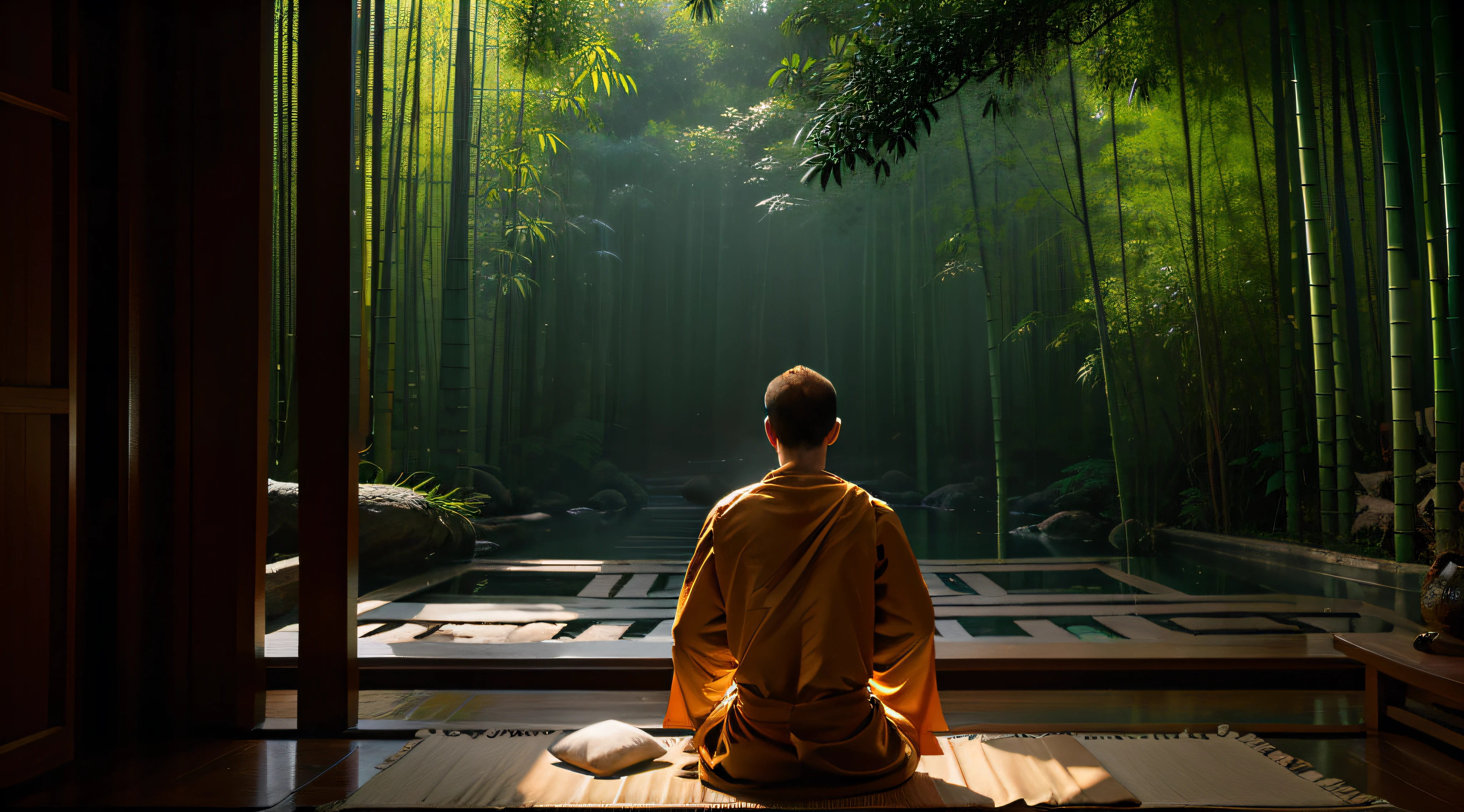 A monk，temple，symetrical composition，The monk sits in the middle，Monk back，The monk faces the bamboo forest，rained，The monk sits on a futon