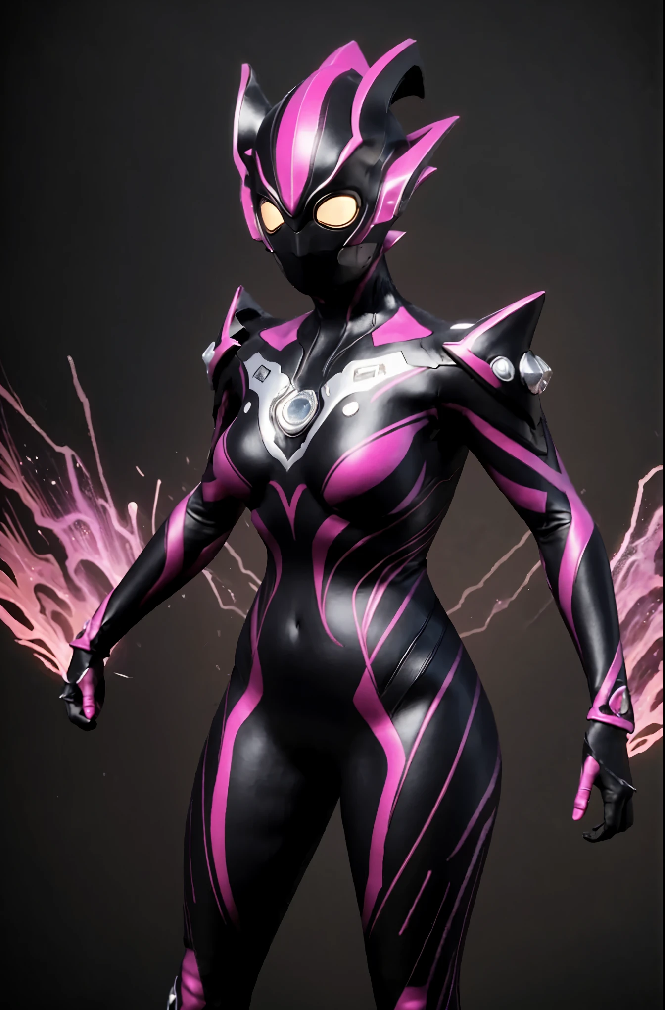 Ultraman Woman. （high quality）（luster）（Black and Pink thema color）（Black helmet. Black mask）women only. The whole body is covered with a black bodysuit. Spike decoration. Pink lines all over the body. purple coloreye. pink glow crystal. pink sharp claw. Place hands next to head. Emphasize the belly button. dark background.