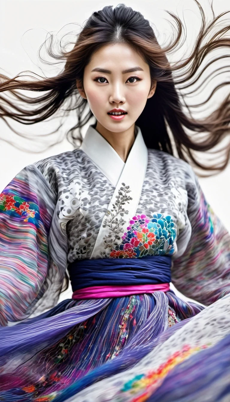 in style of Street photography, beautiful detailed，Motion blur, black and white close up, white background, a woman in an intricate and colorful hanbok dress, spinning frantically, translucent stinging air particles on the hem of the dress, professional fashion photography, super macro, unusually rich and super detailed texture of long wavy hair, poster style, minimalist , tilt shift of hands and face, Nikon, Hasselblad, Canon, Fuji, 16K
