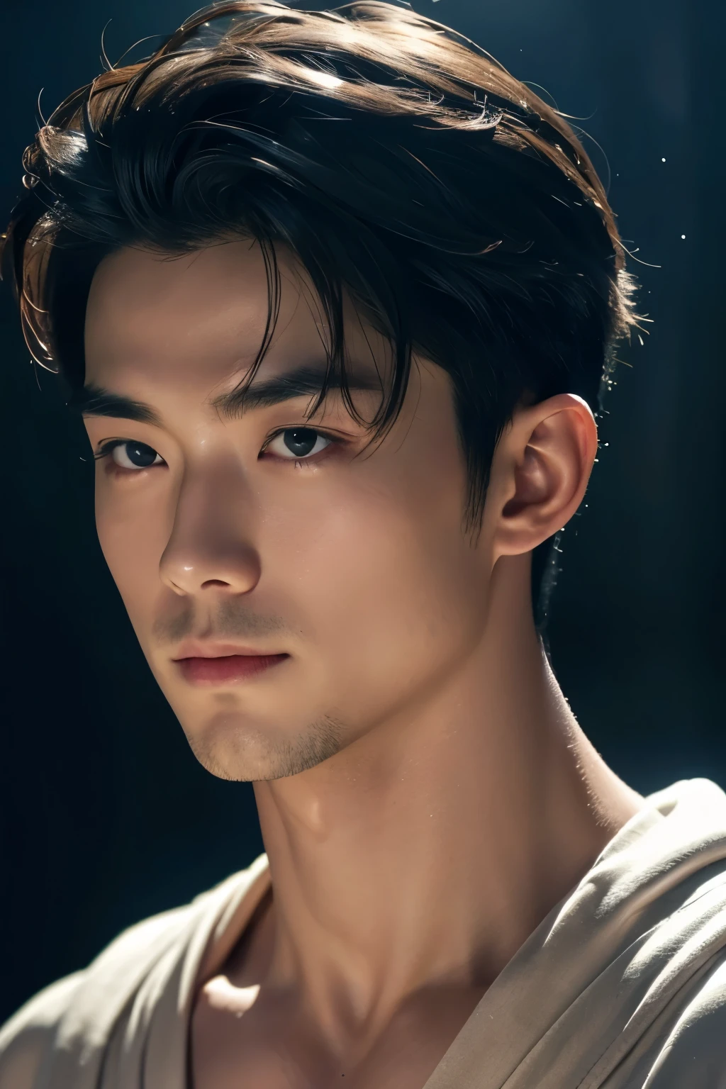 (8K, RAW photo, Highest quality), Realistic, Japanese man, frontage, Intricate details, Closed mouth, Extremely detailed eyes and eyelasheuscular male, Manly,l ooks away, Male focus, Solo, Open the transparent robe,Exposing the pectoral muscles,Exposing abs, full bodyesbian, Night sky, Soft lighting, Cinematic lighting, Portrait, Close-up, Lovingly