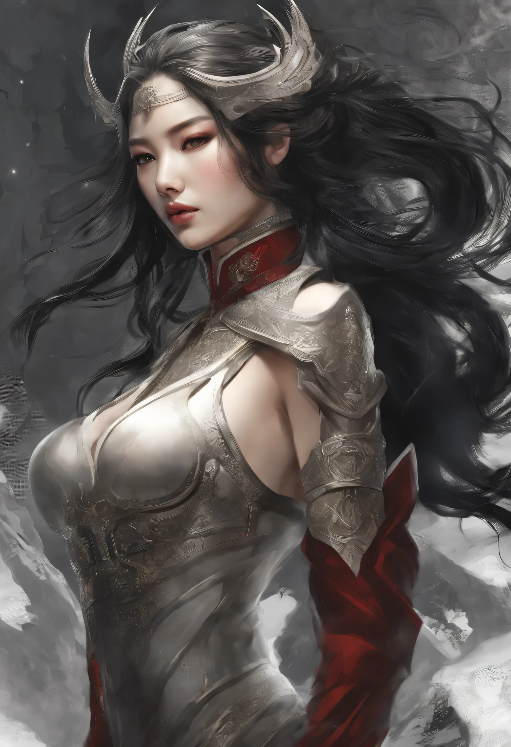 Brunette God, Mask Woman, , close-up figure painting, Gorgeous Gurwiz style art, Stunning epic figure paintings, She has long black hair like a waterfall,Usually tied up high,Showing off the slender neck,It makes her look more upright and elegant.。There is a sense of heroism in her brows.,Thick and long eyelashes outline the deep eyes,Feng Wu's face has clear lines,high nose bridge,Slightly plump lips,The outline reveals a hint of stubbornness and perseverance。Her complexion is pale,Like snow-white jade,Exudes a faint sheen,Awe-inspiring。Feng Wu usually wears a light combat uniform.,The dark red brocade dress fits her figure,Highlighting her graceful figure。Her legs are slender and straight,Wearing loose combat pants,Show off your slender calves and strong calf muscles。Her feet were wearing solid boots, and the most striking thing was Feng Wu's plump and upright figure.。Her breasts are plump and full,Cup F stands tall Fan Qi, Yang Jian, Wu Zhun Shifan, ETC., A wonderful art journey on Guwiz Pixiv.
