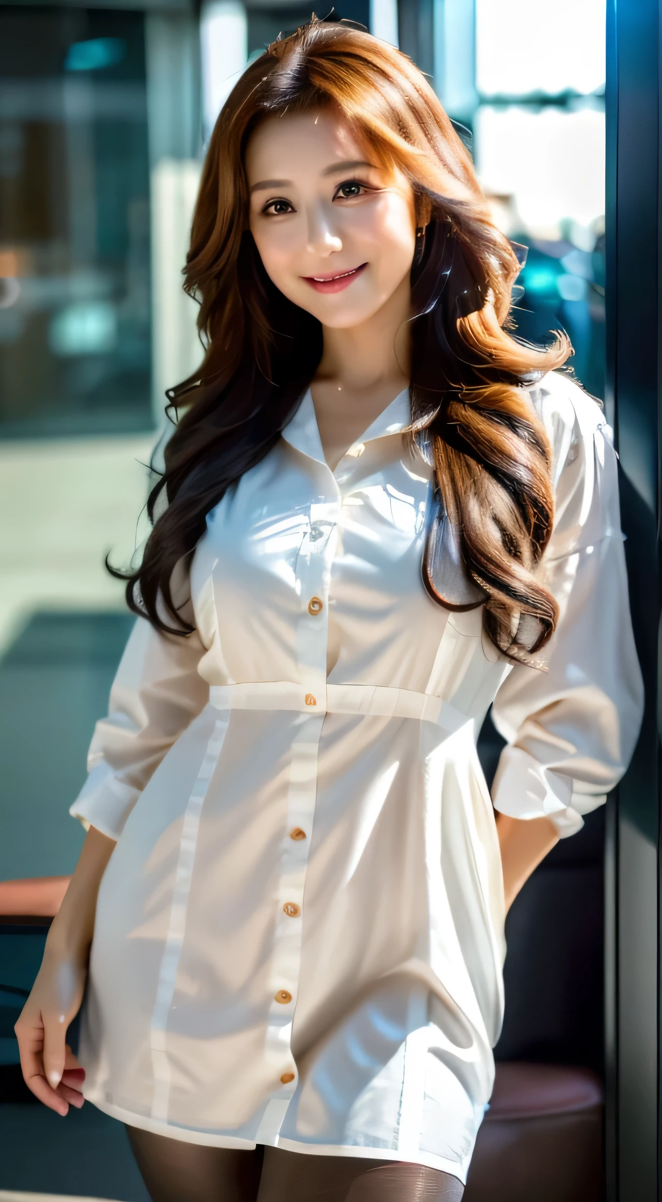 Ulzzang-6500-v1.1, (RAW Photos:1.2), (Photorealistic), Beautiful details, (Genuine: 1.4), Very detailedな目と顔, Beautiful and fine details, standing in the office、(Ultra-realistic pantyhose、High heels)、Stand with your legs crossed、Large file size, High resolution, Very detailed, highest quality, [masterpiece:1.6], Awareness-raising, Very detailed, Hmph, In detail, highest quality, 8k wallpaper, Cinema Lighting, One mature woman, 43 years old, Perfect figure, cute drooping eyes,Beautiful big eyes、Pieck Finger, ((Tabletop)), highest quality, One mature woman, eye shadow, Portraiture, ((full body shot:1.4))、(A very loving smile:1.2)、((brown super long hair:1.2))((Loosely wavy hair:1.3)),((wearing a white shirt dress:1.4))