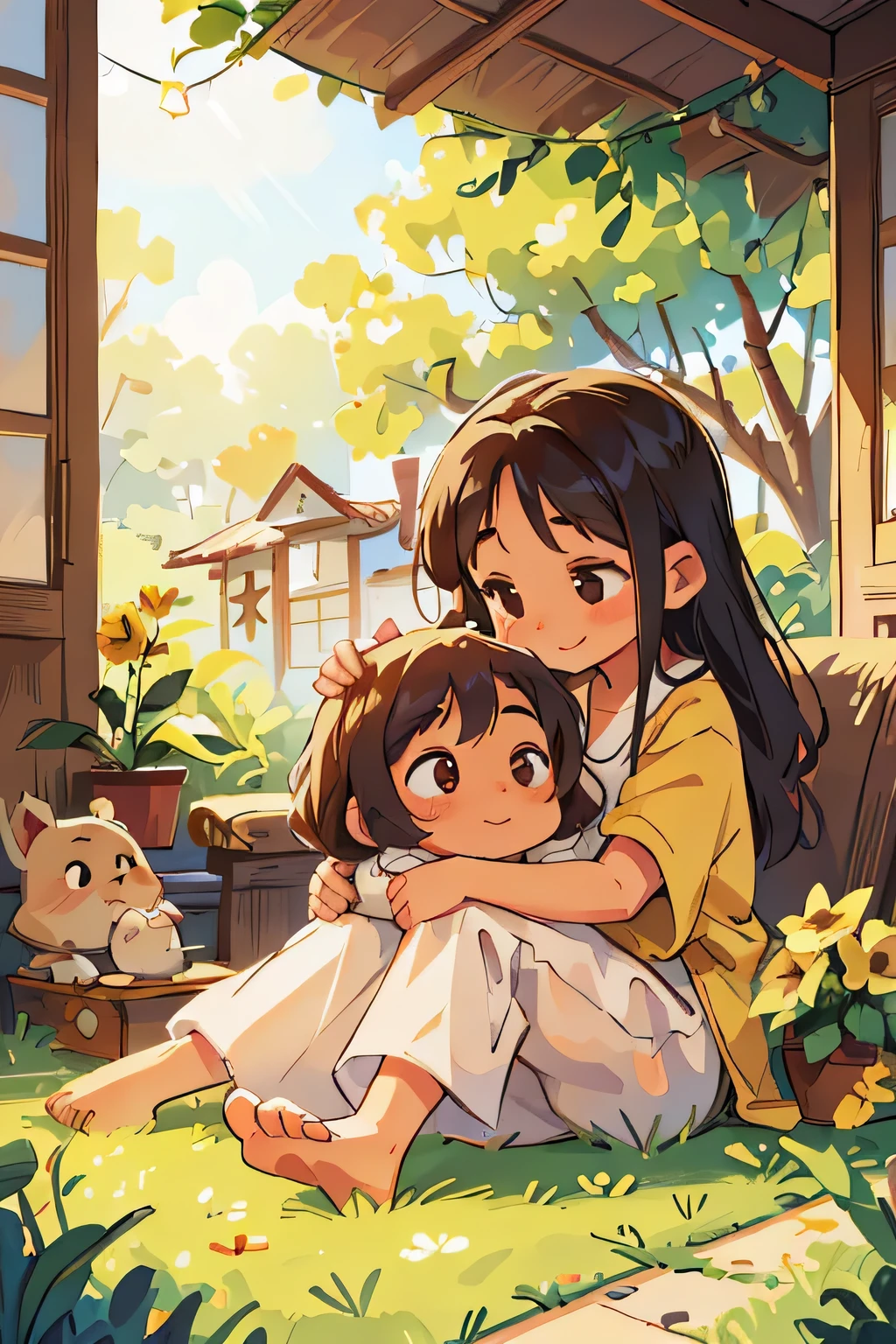 Two contented sisters, wrapped in the warm embrace of a sunny summer afternoon, lounge languidly under the protective eaves of their quaint cottage. Their happy expressions radiate contagious joy as they surrender to the soothing rhythm of the season. Draped in light linens, the fabrics cascade softly around their bare feet, creating a scene of serene relaxation. The sisters' faces, bathed in the golden radiance of the sun, are adorned with a natural blush, as their eyes flutter softly, lost in the tranquility of the moment. Their locks of hair, kissed lightly by the gentle summer breeze, frame their peaceful countenances and add to the id