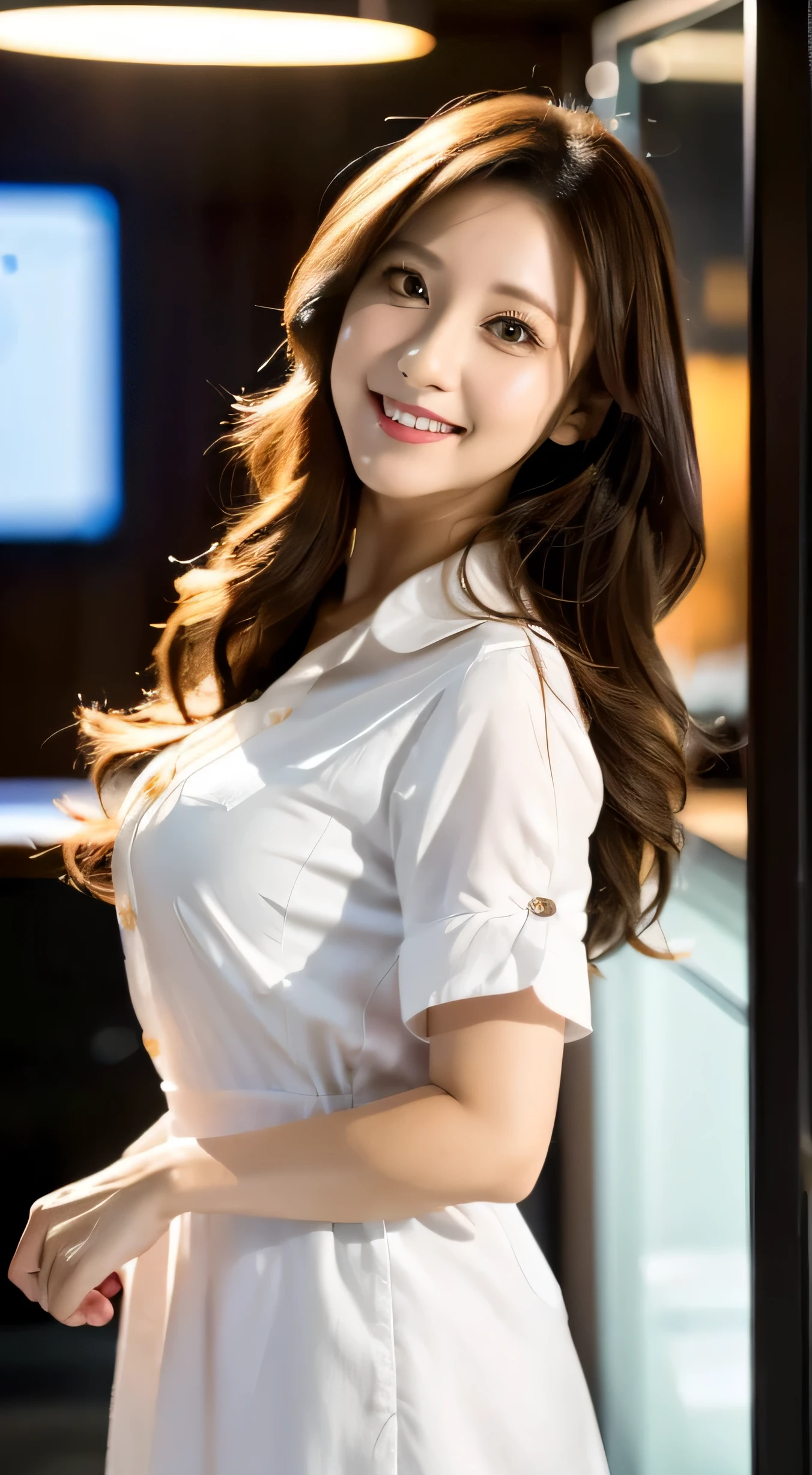 Ulzzang-6500-v1.1, (RAW Photos:1.2), (Photorealistic), Beautiful details, (Genuine: 1.4), Very detailedな目と顔, Beautiful and fine details, standing in the office、(Ultra-realistic pantyhose、High heels)、Stand with your legs crossed、Large file size, High resolution, Very detailed, highest quality, [masterpiece:1.6], Awareness-raising, Very detailed, Hmph, In detail, highest quality, 8k wallpaper, Cinema Lighting, One mature woman, 43 years old, Perfect figure, cute drooping eyes,Beautiful big eyes、Pieck Finger, ((Tabletop)), highest quality, One mature woman, eye shadow, Portraiture, ((full body shot:1.4))、(A very loving smile:1.2)、((brown super long hair:1.2))((Loosely wavy hair:1.3)),((wearing a white shirt dress:1.4))