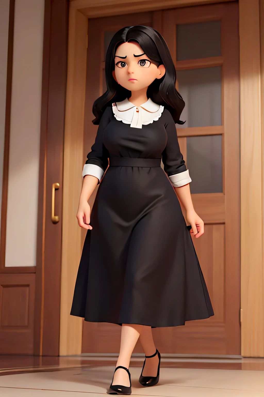 a woman named Elaine, young, serious, elegant and wise, with long, wavy dark black hair, combed to the side, very yellow eyes, slightly slanted eyes, almond-shaped eyes, subtly chubby cheeks and a medium-sized mouth, with a medium body with cotton pants. dress black, white blouse and black bra, red heels, disney pixar style