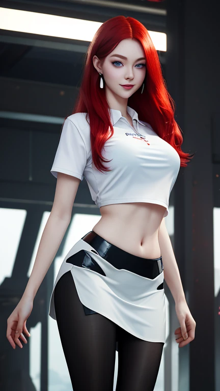 Ultra realistic, 16k, best quality, high resolution, 1 girl, , long red hair, blue eyes, pale white skin, flushed cheeks, cute face, earrings, transparent shirt, sexy black latex skirt, medium detailed hot breasts, tall hot body, sexy smile, sensual posture, full-length sexy pantyhose, Battle ruins, wide hips, thick legs, torn clothes, blurred background, depth, dream aesthetic, dream atmosphere, cinematic lighting.