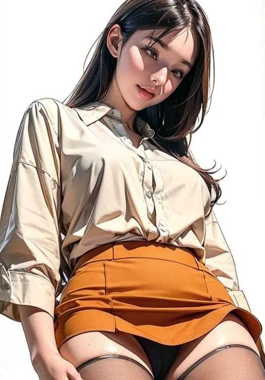 (((NSFW))), An elegant, upper-class, elite secretary in a business shirt, Working in the office、Wearing a strict business suit, Wearing pantyhose、Wear high-quality high heels、 Girl in a shirt, Wearing a business suit, Wear a shirt and skirt, Woman in a light-colored business suit, RAW Photos, (8k、highest quality、masterpiece:1.2)、(Intricate details:1.4)、(Photorealistic:1.4)、Complex 3D rendering with ultra-detail, Soft studio light, Rim Light, Vivid details, Super Detail, Realistic skin textures, Face in detail, Beautiful details in the eyes, Very detailedな CG Unity 16k 壁紙, compensate, (Detailed Background:1.2), (Realistic, photoRealistic:1.37)Very detailedな顔と肌の質感, (Beautiful Eyes),Very detailed, Focus your eyes clearly, Nose and mouth,Face Focus, Woman with open mouth and closed eyes, Symmetrical face,Realistic nostrils、Angle from below、Elongated C-shaped nostrils,,,,,,,,,,,,,,,,,,,,,,,,,,,,,,,,,,,,Browsing Caution,White Background、Sweaty skin、Lighting that accentuates skin that shines with sweat、Skin shiny with sweat、Shiny skin、(Wet and shiny tongue). ((Perfect beauty)), 20 year old Japanese woman, ((mini skirt)),((Camel Toe)), smile、