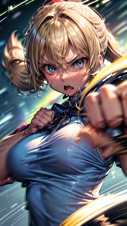 #quality(8k wallpaper of extremely detailed CG unit, ​masterpiece, hight resolution, top-quality, top-quality real texture skin,hyper realisitic, digitial painting,increase the resolution,RAW photosbest qualtiy,highly detailed,the wallpaper),solo,a jk girl is punching you by her bare fist very hard,#1girl(cute, kawaii,,hair floating,messy hair,blonde hair,long hair,messy hair,pony tail hair,skin color white,eye color blue,eyes shining,big eyes,breast,angry,punching you by her fist,dynamic pose,dynamic angle), BREAK ,#fist(motion blur on fist:1.8),#background(school,),(when drawing the hand please draw them very correctly for sure),[nsfw]