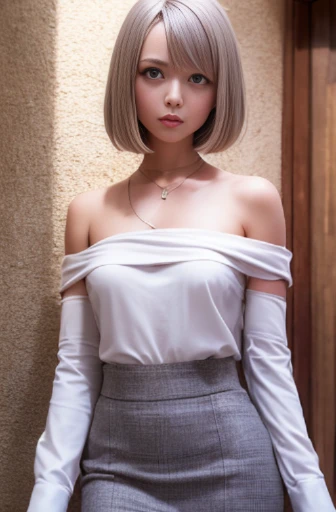 highest quality, Ultra-high resolution, (Realistic: 1.4), One Girl, off-the-shoulder white shirt, Black tight skirt, (Faded grey hair: 1), (Small breasts: 1.2), Look Viewer, close,