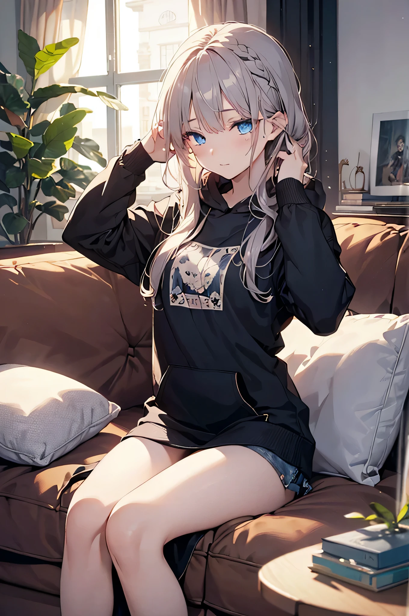 (Girl with a nasty appearance:1.3)、(Midnight time:1.5)、(and chest:1.4)、Raw photography, top-quality, hight resolution, (masterpiece), (Photorealsitic:1.4), (Mole under the eyes),Anime Cosplay, sharp focus, nffsw, 8K resolution, intricate detailes, depth of fields, the Extremely Detailed CG Unity 8K Wallpapers, front lit, femele,25-years old,Are sleeping、Bangs covering one eye、(tying hair:1.5)、(Medium Showtrain Bo Hair)、(Big hoodie)、blue eyess,(Sofa in the living room:1.5)、(During sleep:1.3)、(Full body depiction)、Prayer Pose:1.2)、The world shining through the window、Closing your eyes、nap、Idyllic atmosphere、holiday