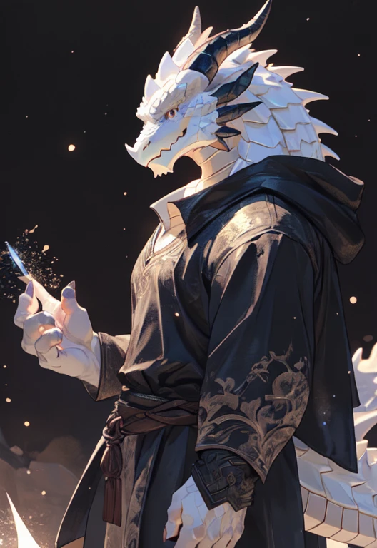 solo, kemono, (dragon), anthro, male, ((white body)), scales, tail, fantasy, (light particles),(best quality),(masterpiece),(ultra detailed),sharp focus, white body