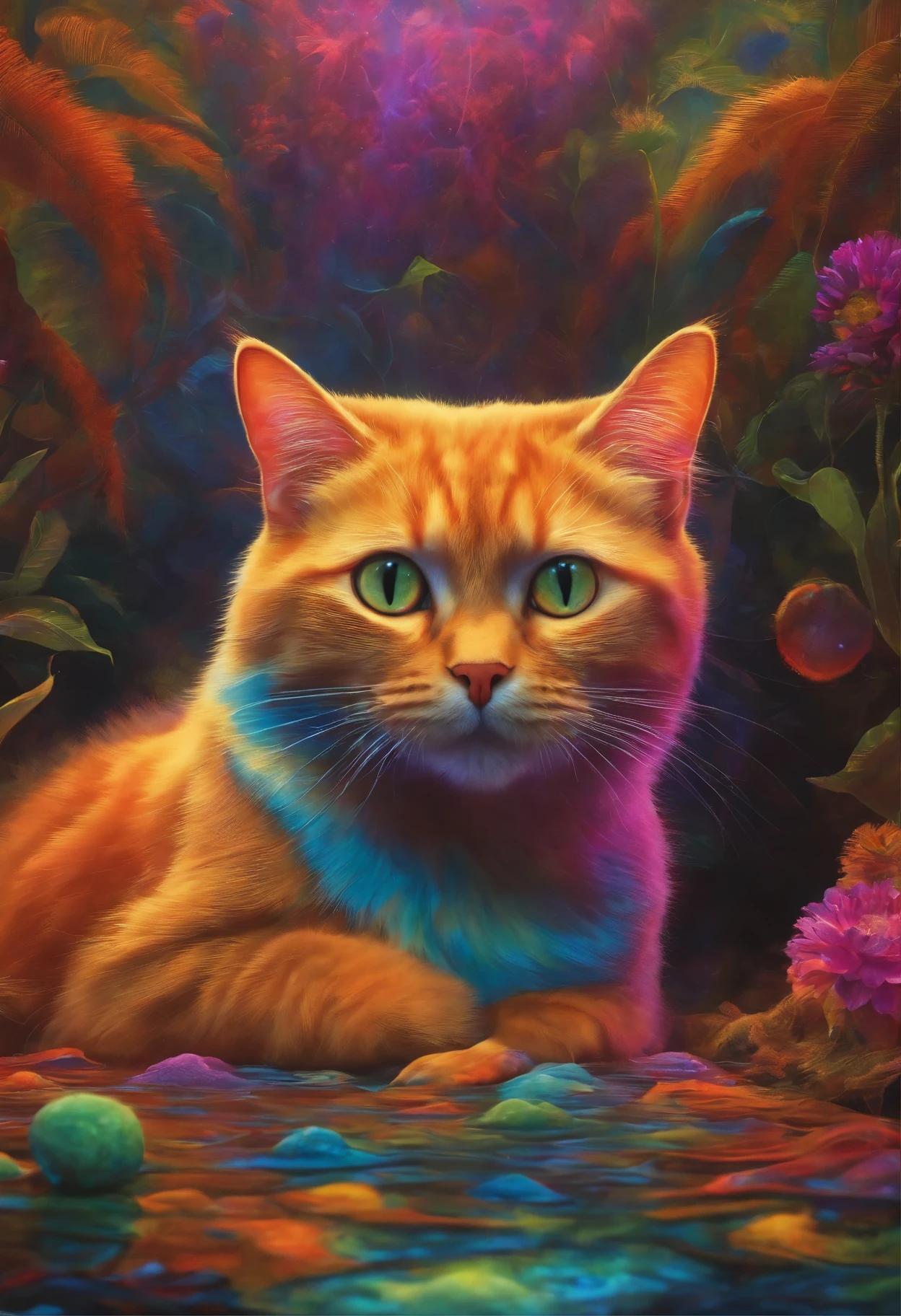 A completely shocked cat searches for prehistoric quantum dots in a psychedelic artist&#39;s painting