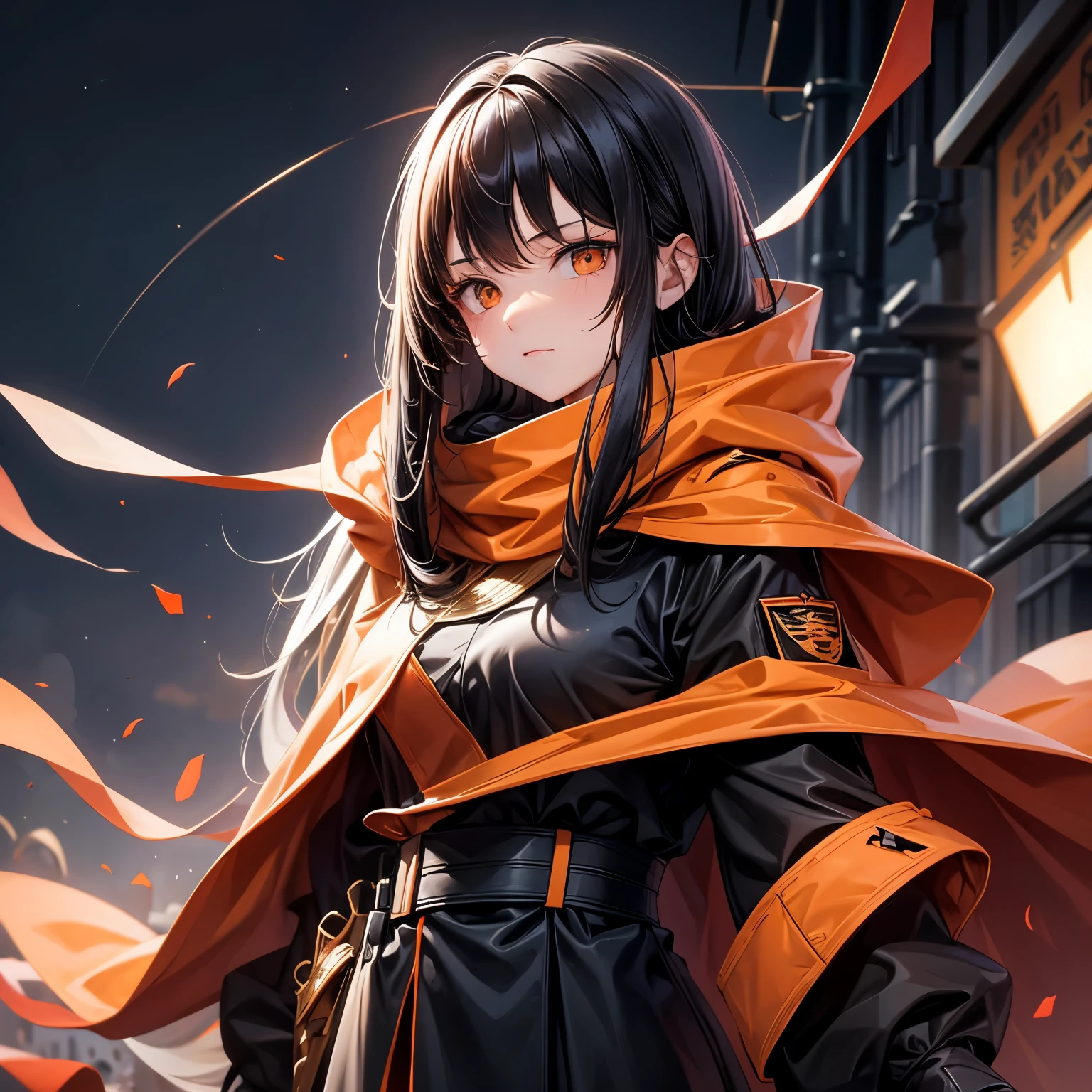 Long black hair white 17 year old girl wearing military uniform, Orange cape, Big brown eyes, Science Fiction, dark mood, charturnerv2