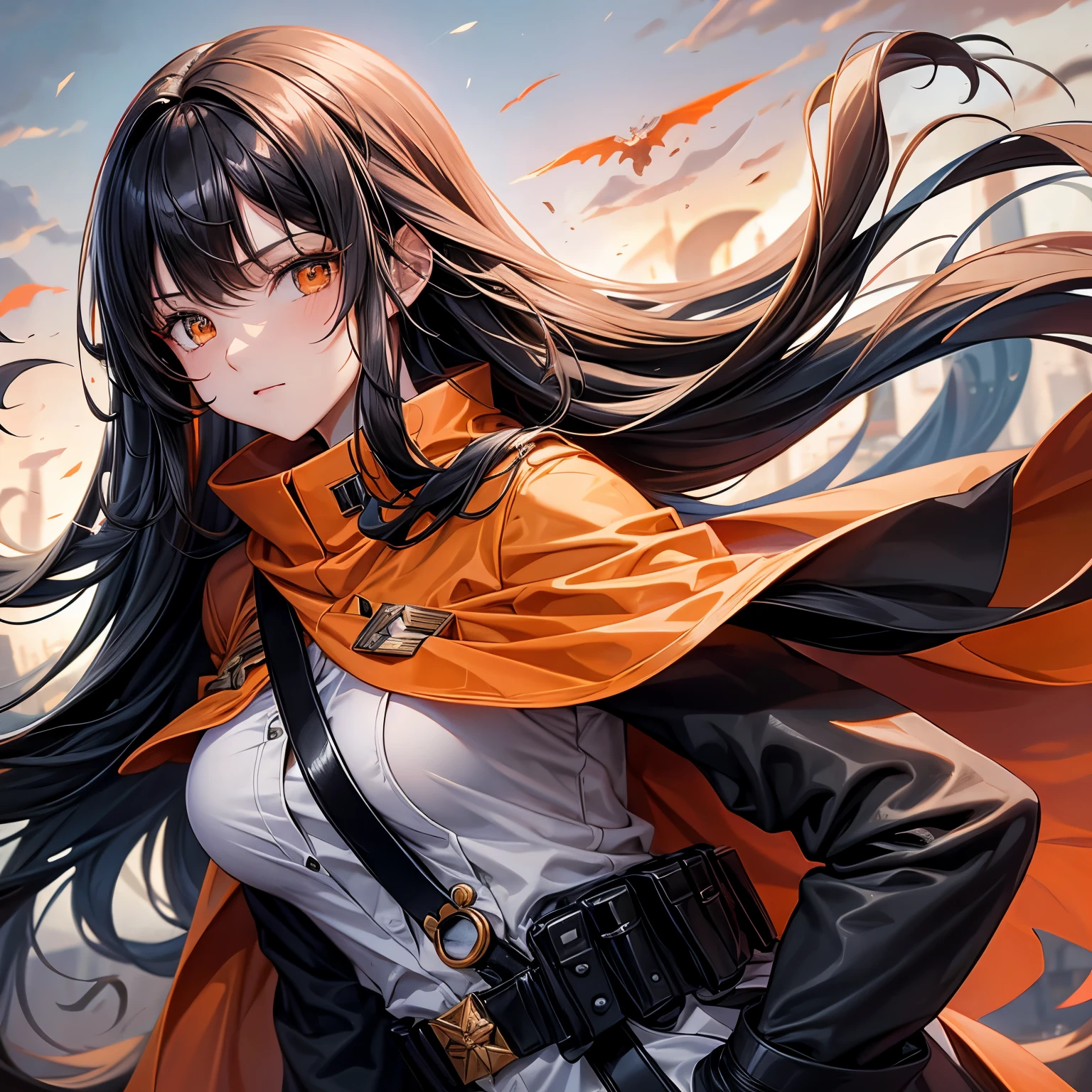 Long black hair white 17 year old girl wearing military uniform, Orange cape, Big brown eyes, Science Fiction, dark mood, charturnerv2