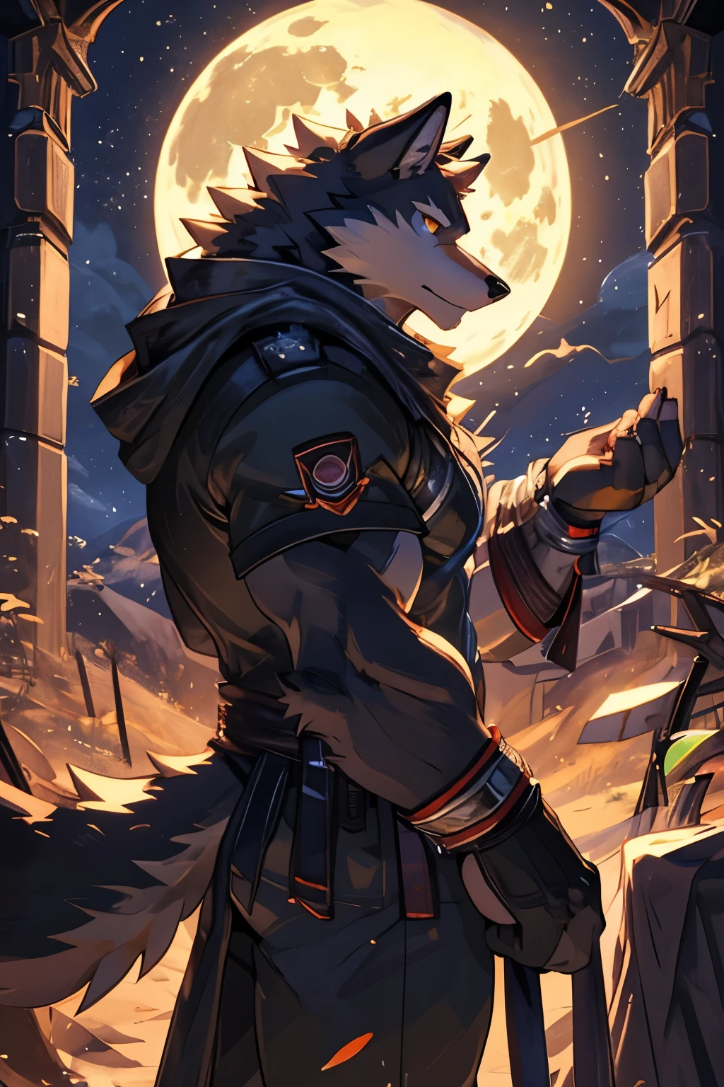 黒いWolf、Macho、muscle、naked、full moon、night、Sunset、muscle、Wolf、Outdoor