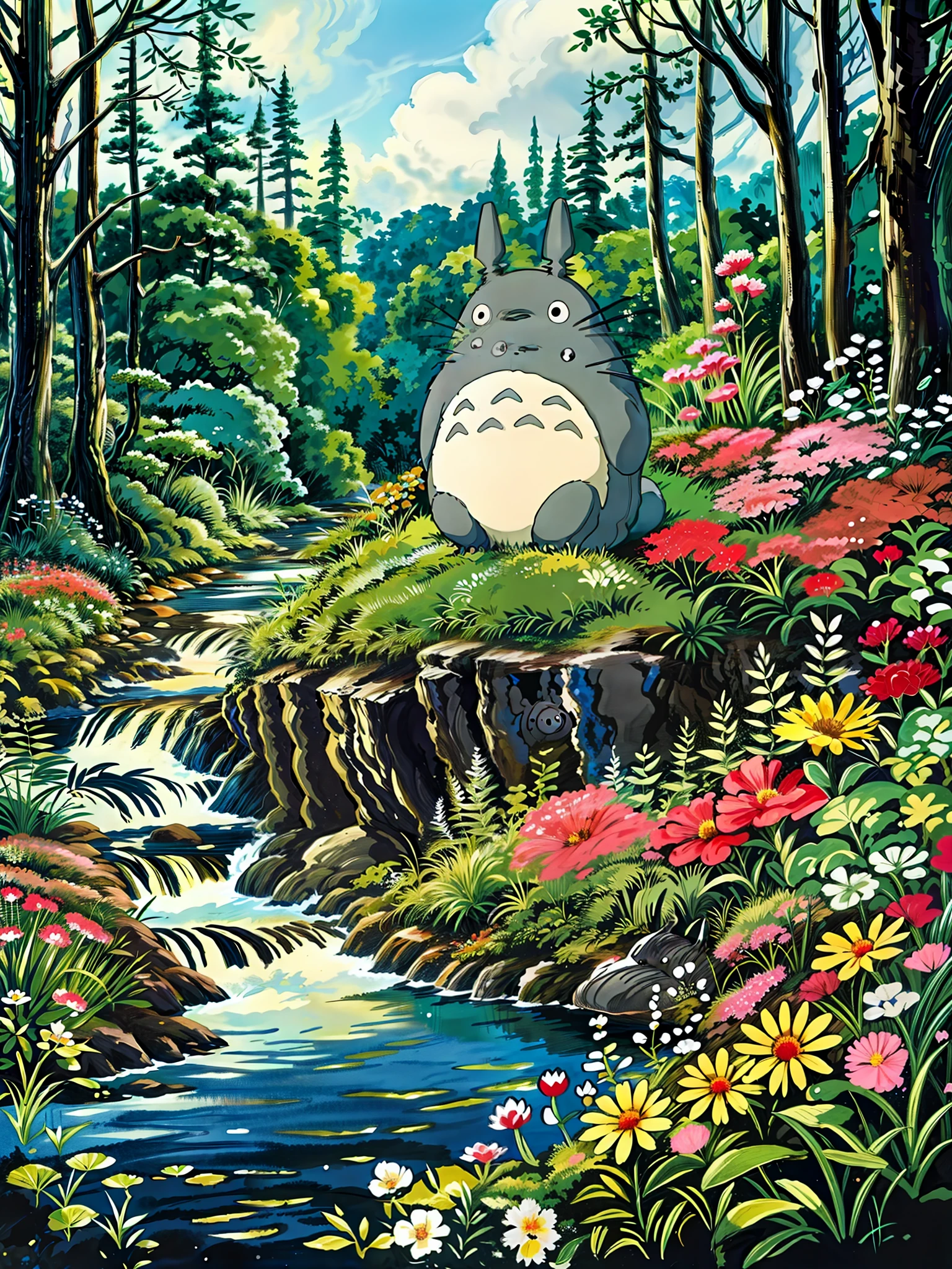 a painting of a totoro sitting near the river, flowers, multicolored flowers, my neighbor totoro, totoro from my neighbor totoro, hayao miyazaki\'s movies, onstudio ghibli, ghibli studio style, of totoro, style of studio ghibli, moody :: studio ghibli, totoro sitting in a forest, studio ghibli filter, totoro, cinematic studio ghibli still