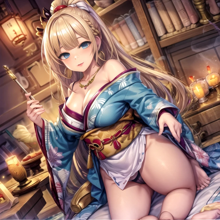 masterpiece, highest quality, (((ソロMature Womanジャネット))), (((Platinum Blonde Hair))), ((long braided ponytail)), (((Wide Hips))), (((Bright Blue Eyes))), Fuller lips, Captivating smile, Cleavage, (((Seated on a wooden throne))), (((Bookshelf, Candles))) sunset, Blushing, "beautiful mature face" , 30 years old , Mature Woman , Adult ((Purple kimono with a fine gold pattern)), Bare shoulders, ((Sexual suggestion)), Perfect beautiful eyes, Fine grain. Thick lips, ((Big Breasts)), (Thick thighs), top down, look down, (((Shiny skin))), (((Chubby))), necklace, bracelet, Hoop Earrings, (((face of europe))), ((Oiran)), Japanese Clothing, Boob Plate, heart, Complex, eye shadow, floral print, hairpin, lipstick, compensate, Red lips, sarashi, (((kiseru))), Holding a pipe in his right hand, (((barefoot)))、Camel Toe、Giant tit、Nipple Puffs、Cleavage、Plump、Super big breasts、Super big butt、white smoke、Pipe、puff on a pipe、Enra enra、Leg spread、xxxHOLiC、Temptation、lure