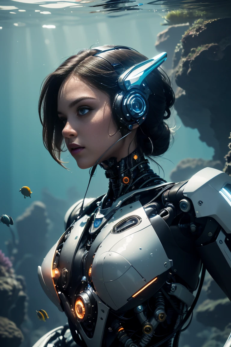 (best quality, 4k, 8k, highres, masterpiece:1.2), ultra-detailed, (realistic, photorealistic, photo-realistic:1.37), cyborg girl, beautiful detailed eyes, beautiful detailed lips, extremely detailed eyes and face, longeyelashes, strong and flexible prosthetics, unique combination of beauty and technology, aquatic environment, underwater exploration, sparkling steely eyes, determination, cybernetic enhancements, merging of man and machine, wonderful future, technology and humanity complement each other, swimming in the marine world, vivid colors, glowing underwater flora and fauna, seamless integration, powerful underwater propulsion, futuristic setting, harmony between organic and mechanical, marvelous future, exploration and adventure.