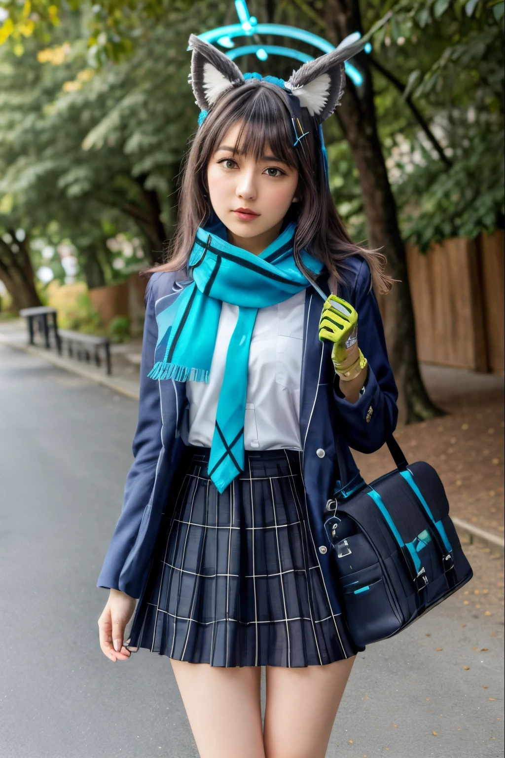 Realistic, 1girl, shiroko (blue archive), animal ears, masterpiece, hd, 17 y.o, Korean girl, cosplayer, solo, scarf, skirt, halo, grey hair, blue eyes, , hair ornament, gloves, looking at viewer, jacket, bag, necktie, blue scarf, animal ear fluff, outdoors, pleated skirt, cross hair ornament, leaf, shirt, parted lips, bangs, plaid skirt, medium hair, white shirt, blue necktie, plaid, long sleevess, highres,masterpiece, best quality