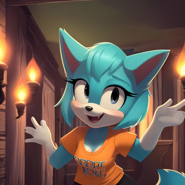 (mobian), solo, 1girl, (mobian cat, (turquoise body fur), black eyes, whiskers, bob haircut, small breasts, cleavage, tall girl, long tail, white belly fur, open mouth, wide eyes, excited, playful, face focus, orange shirt, orange t-shirt, black trackpants, close up, pov, masterpiece, best quality, ultra-detailed, cinematic lighting, beautiful lighting, detailed background