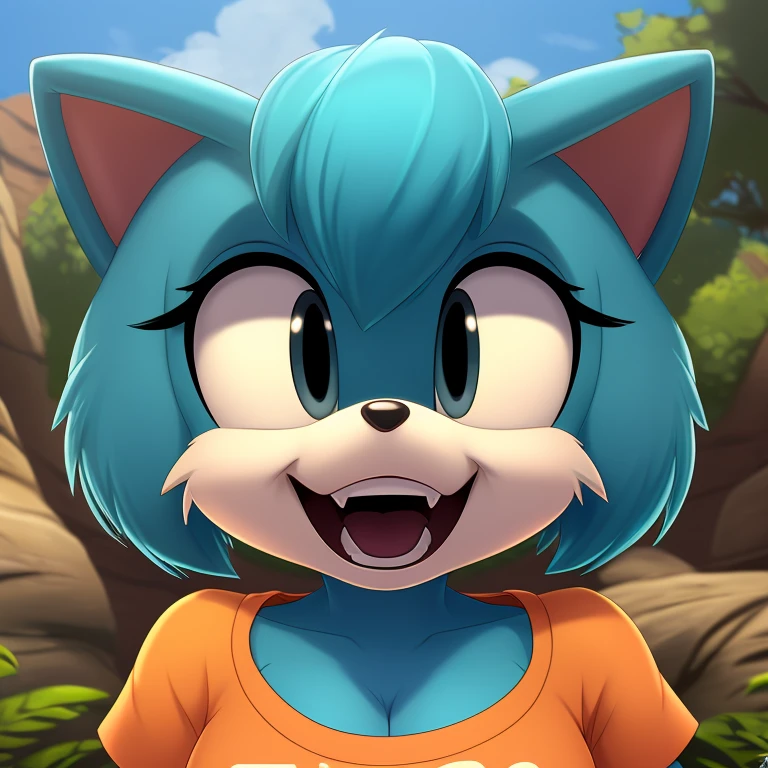 (mobian), solo, 1girl, (mobian cat, (turquoise body fur), black eyes, whiskers, bob haircut, small breasts, cleavage, tall girl, long tail, white belly fur, open mouth, wide eyes, excited, playful, face focus, orange shirt, orange t-shirt, black trackpants, close up, pov, masterpiece, best quality, ultra-detailed, cinematic lighting, beautiful lighting, detailed background
