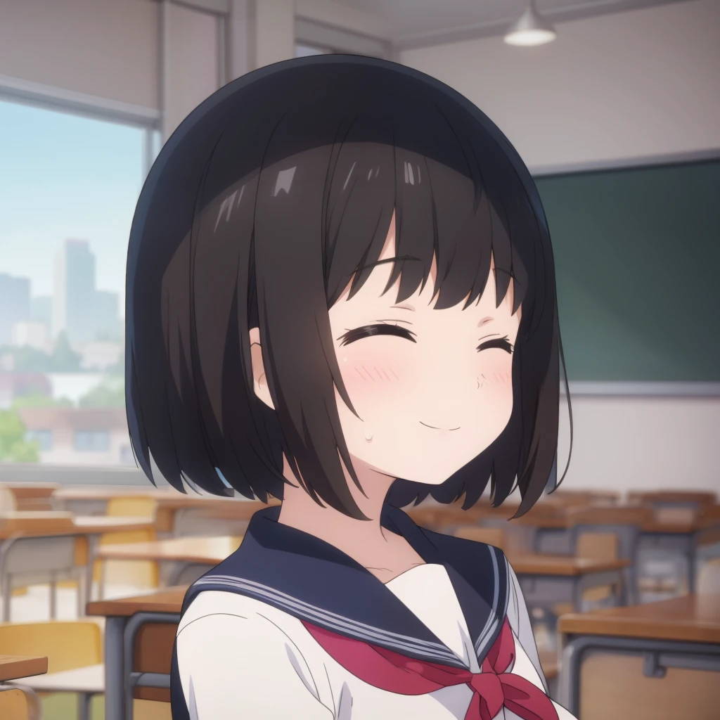 high quality, masterpiece. girl. . short hair. dark hair. closed eyes. smile. against the backdrop of a school classroom. shadow near the nose. window to tree and city.