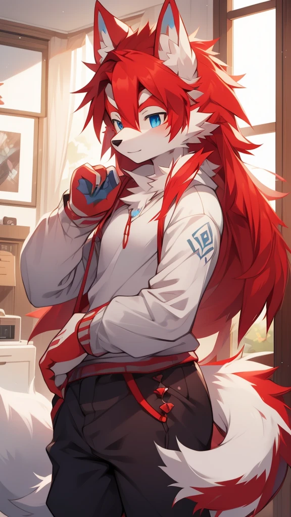 trouser ,white wolf, red hair, blue eyes, 